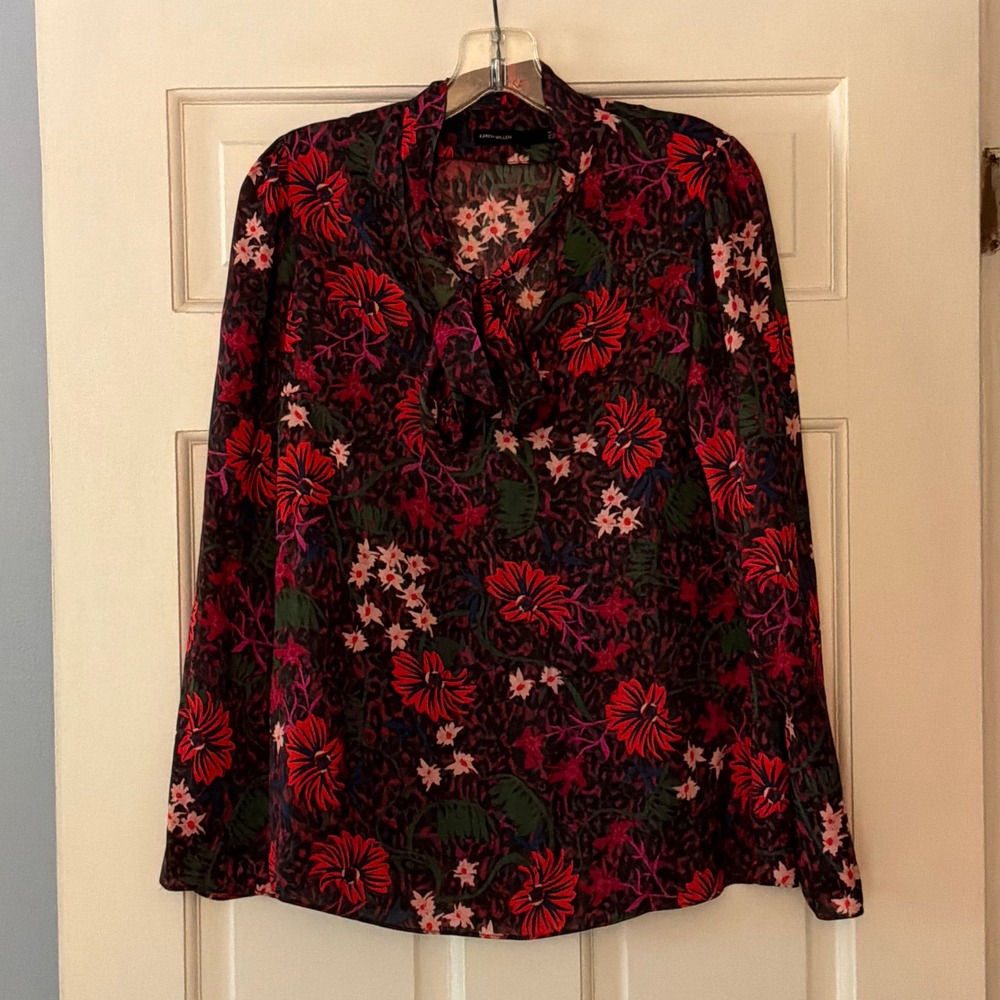 Karen Millen Floral Leopard Bow Blouse US 4 Red Pink Dark Floral Office Top